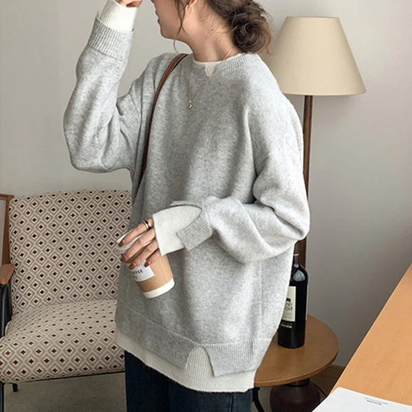 Gebreide trui - Lichtgrijs - Los model - Oversized trui - Dameskleding-Boetiek Moda