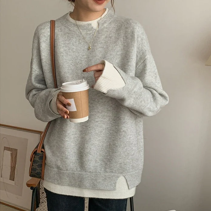 Gebreide trui - Lichtgrijs - Los model - Oversized trui - Dameskleding-Boetiek Moda