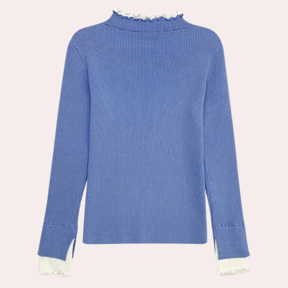 Gebreide trui | Ribbelsteek | Blauw | Trui met hoge hals | Dameskleding-Boetiek Moda