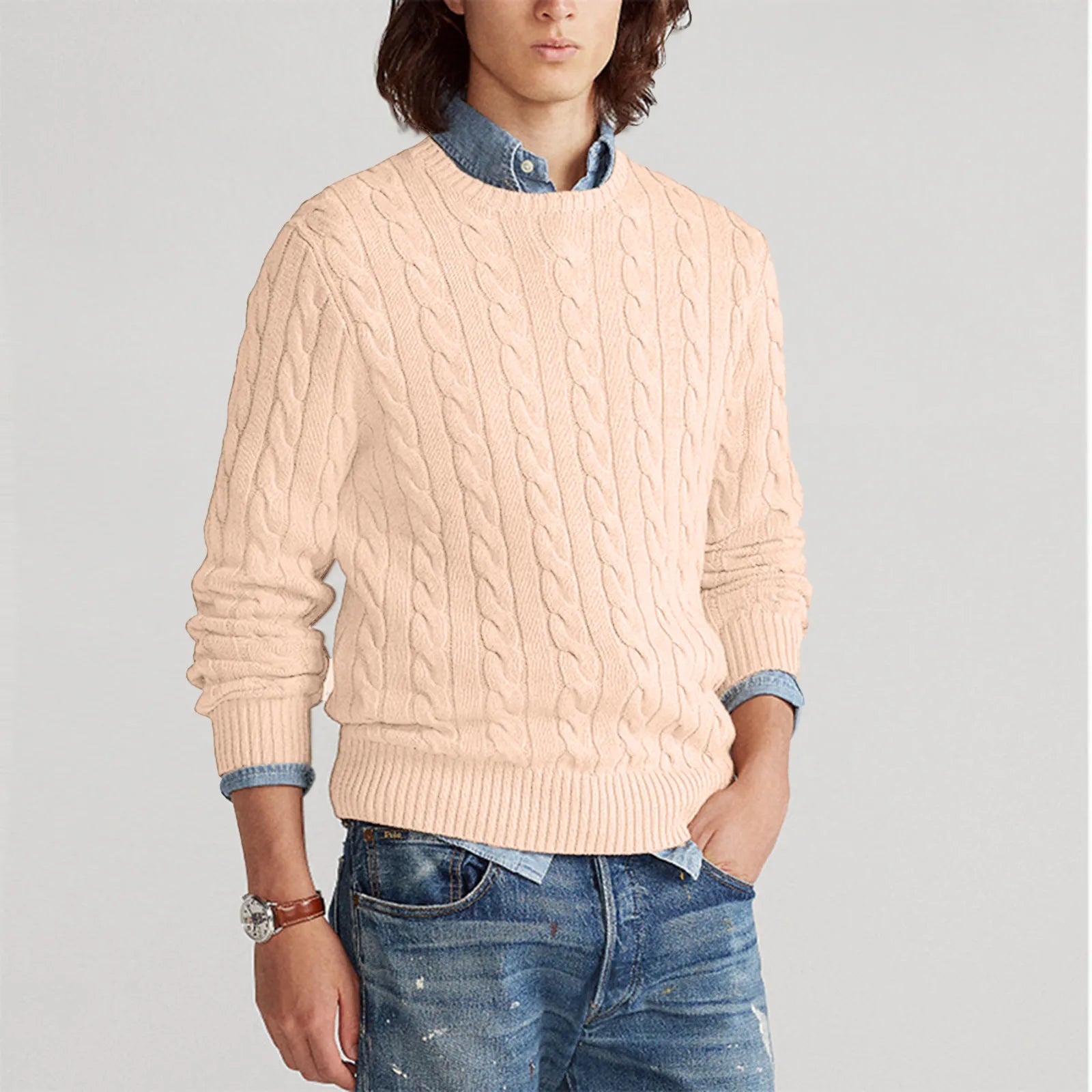 Gebreide trui – Vlechtpatroon – Ronde hals – Trui – Heren trui-Boetiek Moda