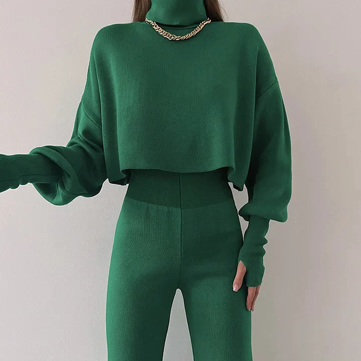 Gebreide tweedelige set - Dames Turtleneck High Waisted Broek met wijde pijpen Co-Ord Set-Boetiek Moda