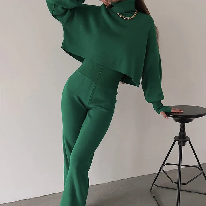 Gebreide tweedelige set - Dames Turtleneck High Waisted Broek met wijde pijpen Co-Ord Set-Boetiek Moda