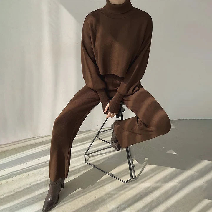 Gebreide tweedelige set - Dames Turtleneck High Waisted Broek met wijde pijpen Co-Ord Set-Boetiek Moda