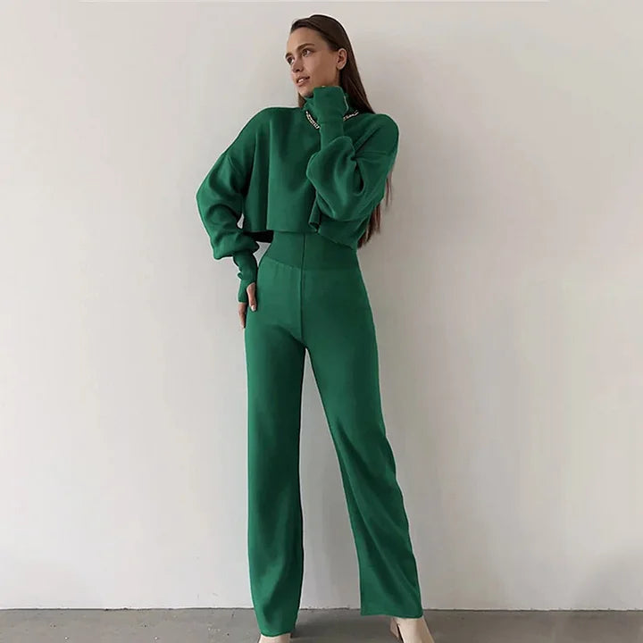 Gebreide tweedelige set - Dames Turtleneck High Waisted Broek met wijde pijpen Co-Ord Set-Boetiek Moda