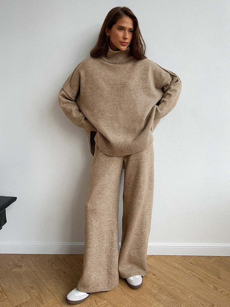 Gebreide tweedelige set | Oversized Sweater | Broek met wijde pijpen | Samengestelde Set | Dames Loungewear-Boetiek Moda