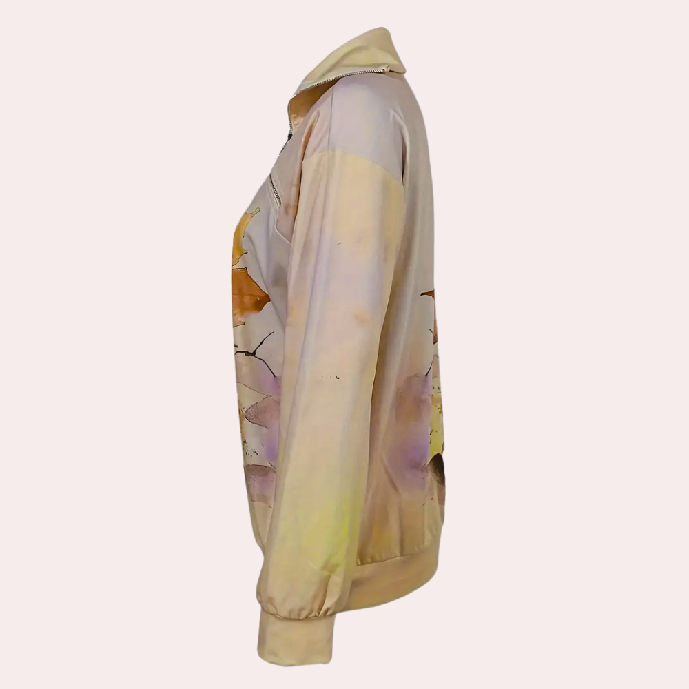 Geel Sweatshirt - Bladprint - Ritssluiting - Trui - Dameskleding-Boetiek Moda