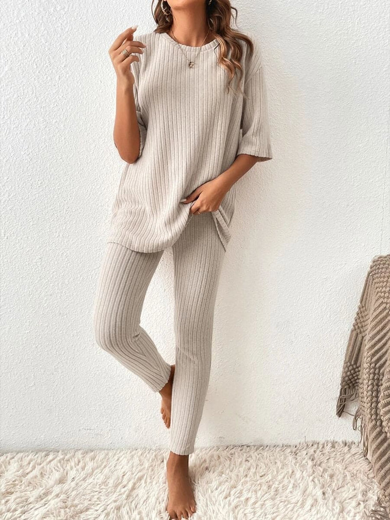 Geribbelde loungeset - Tweedelige loungeset met korte mouwen voor dames-Boetiek Moda