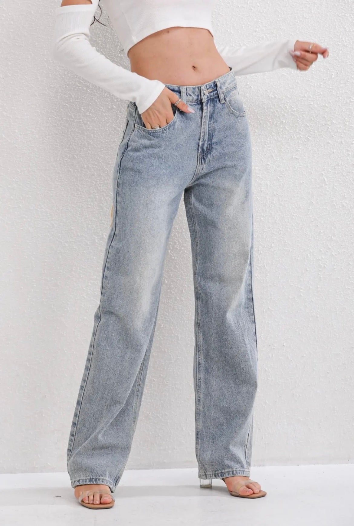 Gescheurde jeans - Hoge taille - Losse pasvorm - Jeans met wijde pijpen - Dames Jeans-Boetiek Moda