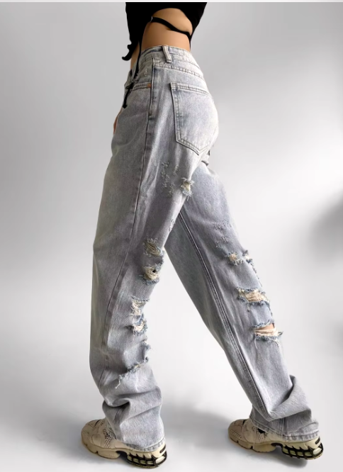 Gescheurde jeans - Losse pasvorm - Rechte pijpen - Jeans met hoge taille - Dames Jeans-Boetiek Moda