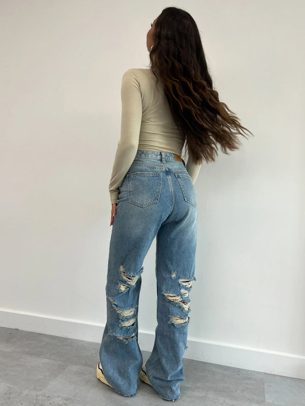 Gescheurde jeans - Losse pasvorm - Rechte pijpen - Jeans met hoge taille - Dames Jeans-Boetiek Moda