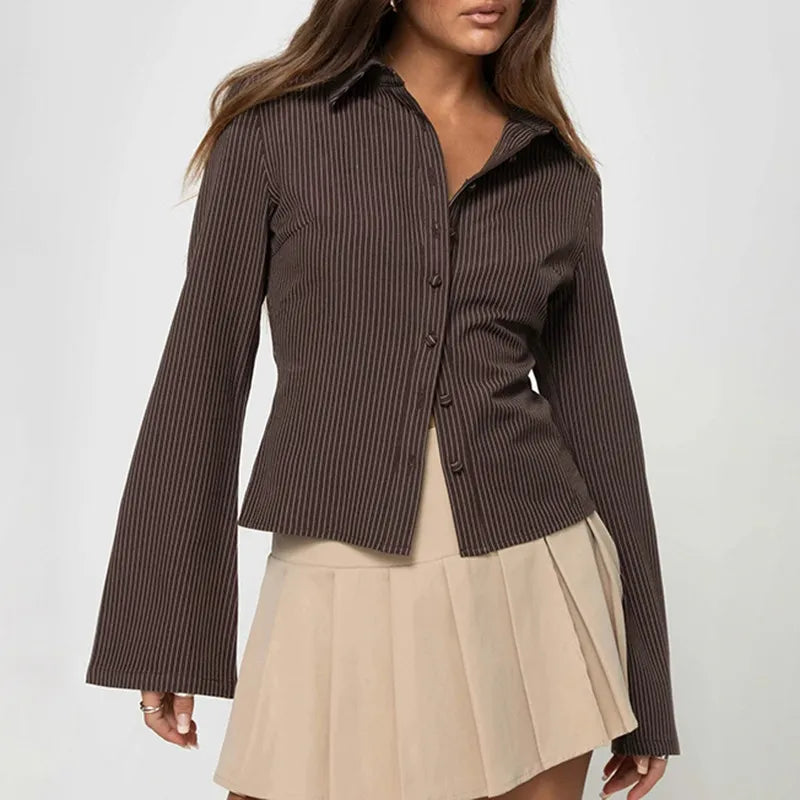 Gestreept overhemd - Damesblouse met lange mouwen en knoopsluiting-Boetiek Moda