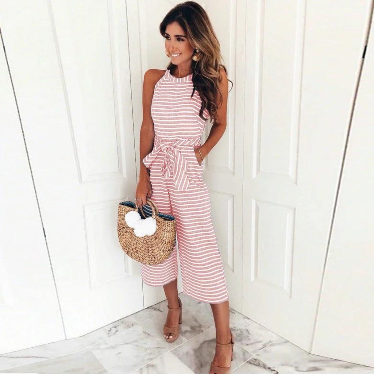 Gestreepte Jumpsuit - Mouwloos - Ceintuur - Zomer jumpsuit - Dameskleding-Boetiek Moda