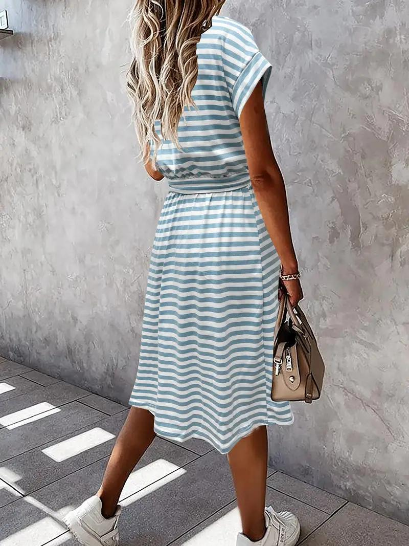 Gestreepte Jurk - Riem - Korte mouwen - Zondress - Zomerjurk-Boetiek Moda