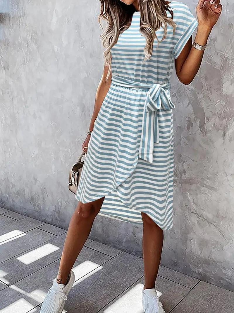 Gestreepte Jurk - Riem - Korte mouwen - Zondress - Zomerjurk-Boetiek Moda