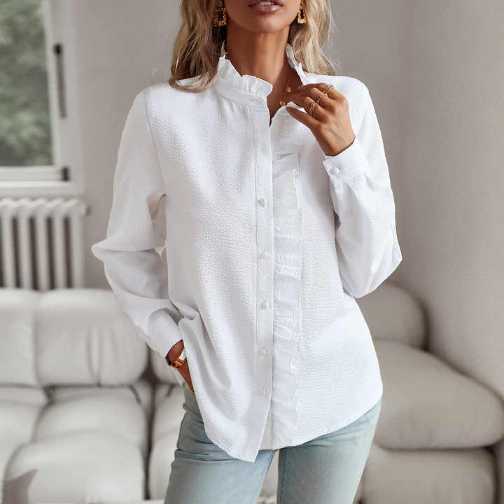 Gestreepte blouse - Damesblouse met lange mouwen en knoopsluiting en ruches-Boetiek Moda