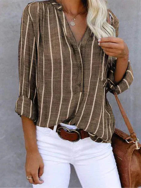 Gestreepte blouse | Lange mouwen | Losse pasvorm | Blouse met knopen | Damesblouses-Boetiek Moda