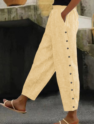 Gestreepte broek | Casual | Knoop aan de zijkant | Losvallende broek | Damesbroek-Boetiek Moda