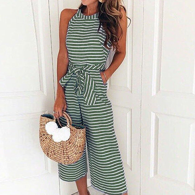 Gestreepte jumpsuit - Mouwloos - Tailleband - Jumpsuit met wijde pijpen - Zomerkleding voor dames-Boetiek Moda