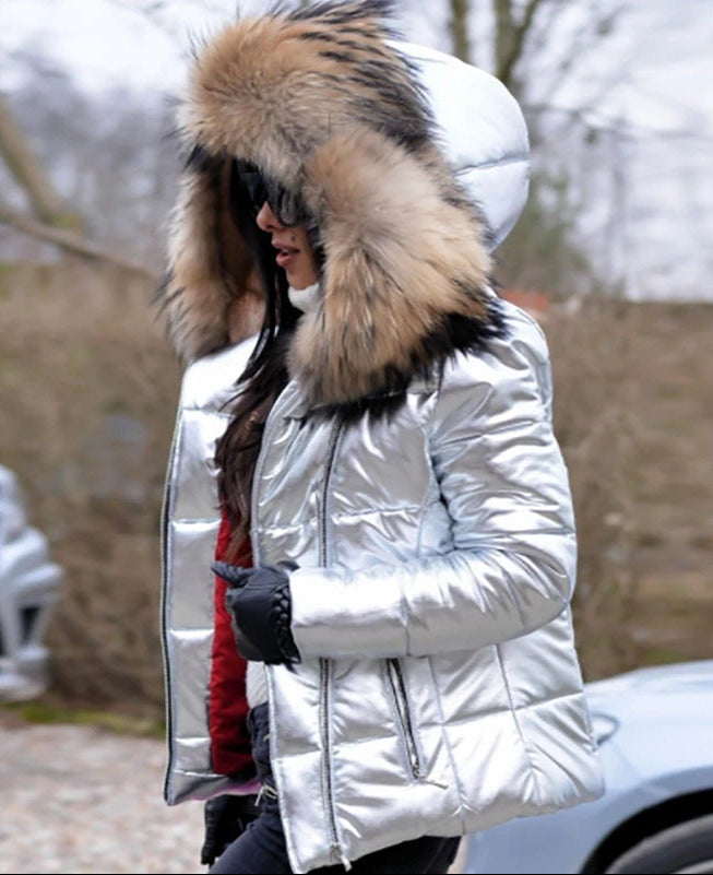 Gewatteerde jas - Glanzend - Ritssluiting - Jas met bontkraag - Winterjas voor dames-Boetiek Moda