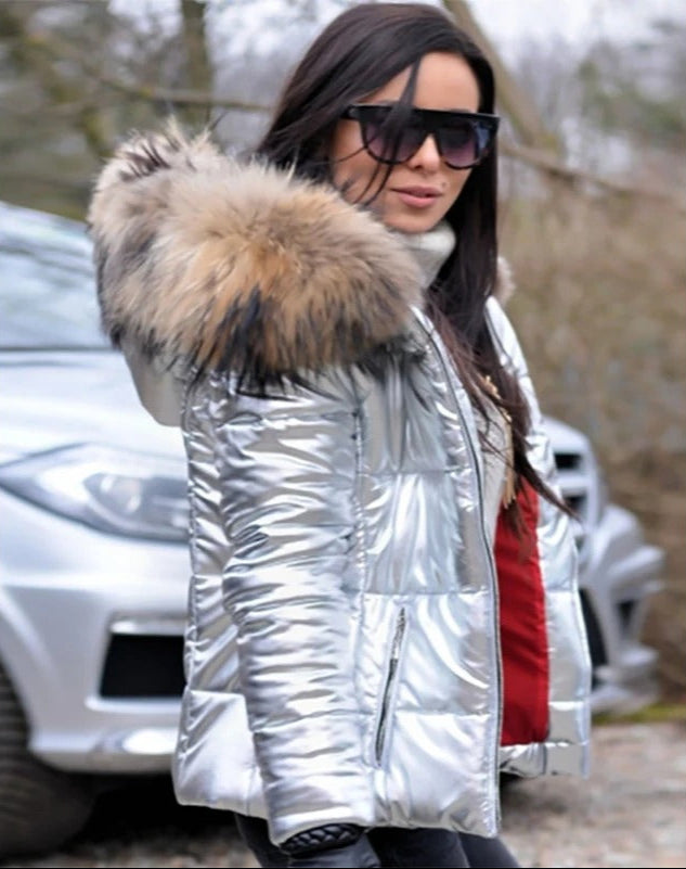 Gewatteerde jas - Glanzend - Ritssluiting - Jas met bontkraag - Winterjas voor dames-Boetiek Moda