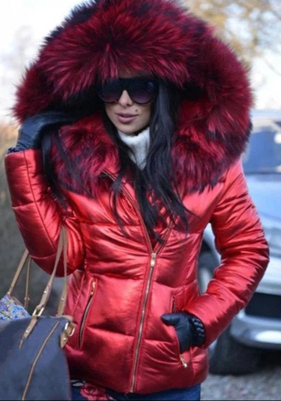 Gewatteerde jas - Glanzend - Ritssluiting - Jas met bontkraag - Winterjas voor dames-Boetiek Moda