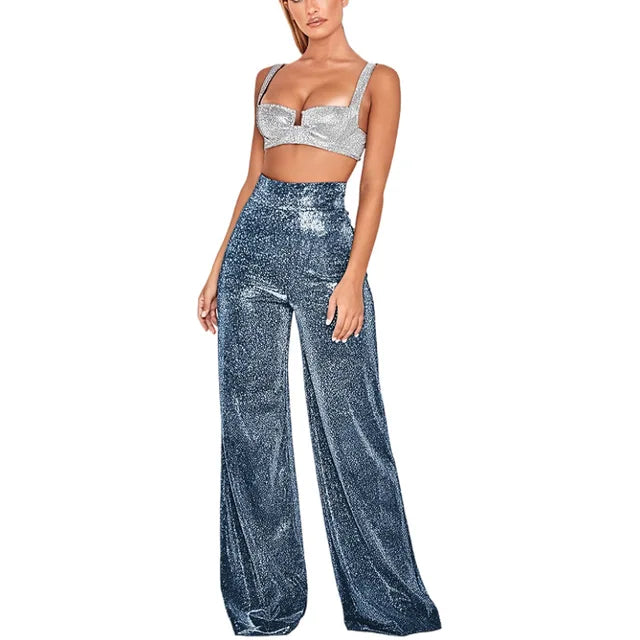 Glitterbroek - Damesbroek met hoge taille en wijde pijpen-Boetiek Moda