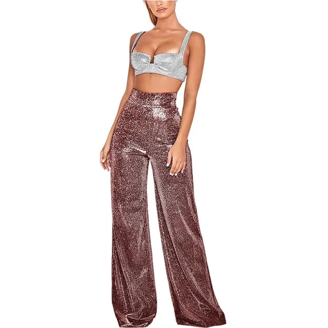 Glitterbroek - Damesbroek met hoge taille en wijde pijpen-Boetiek Moda