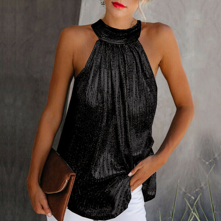 Glittertop - Dames mouwloze haltertop met pailletten voor feestjes-Boetiek Moda