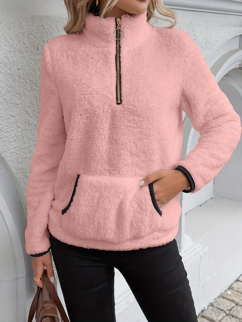 Half-Zip Pullover - Dames Plush Quarter-Zip Fleece Sweater-Boetiek Moda
