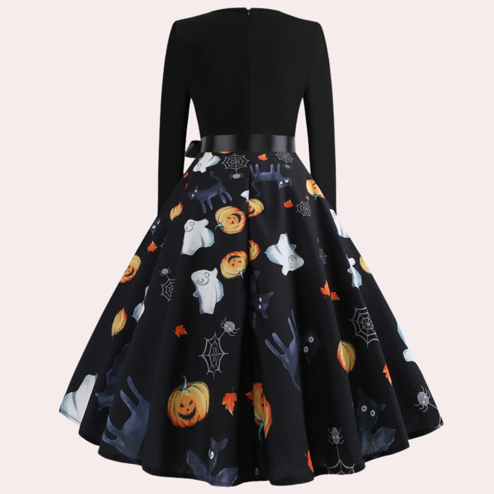 Halloween-jurk | Pompoenprint | Lange mouwen | A-lijn jurk | Damesjurk-Boetiek Moda