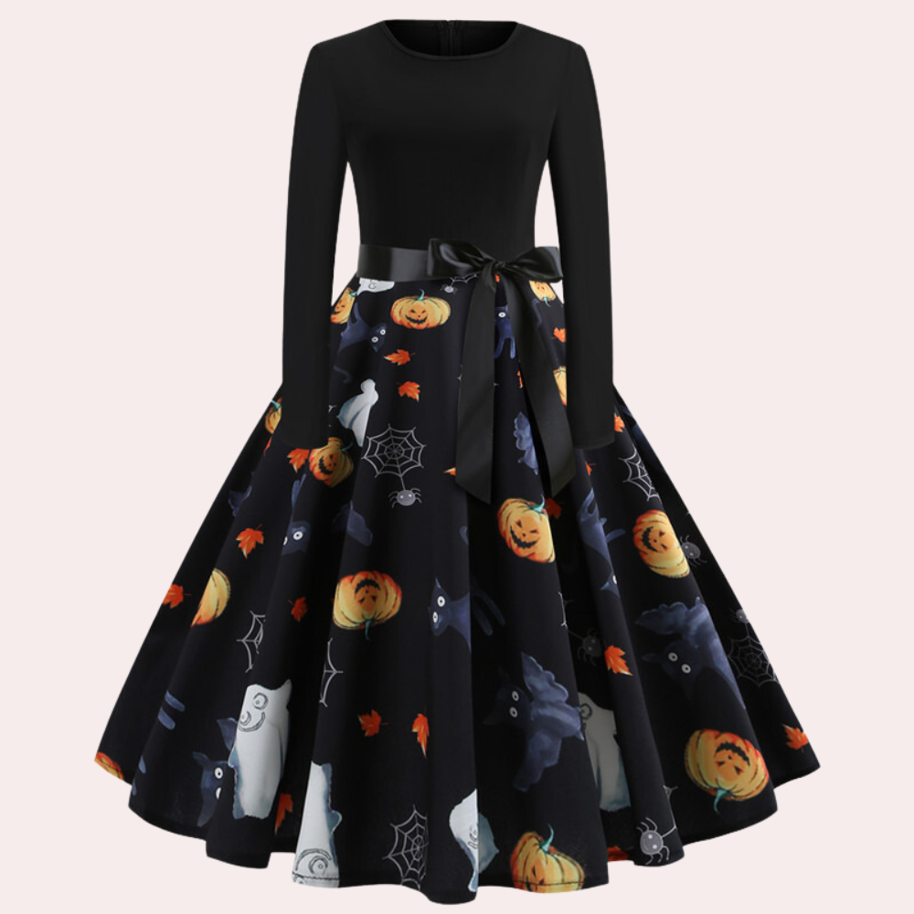 Halloween-jurk | Pompoenprint | Lange mouwen | A-lijn jurk | Damesjurk-Boetiek Moda