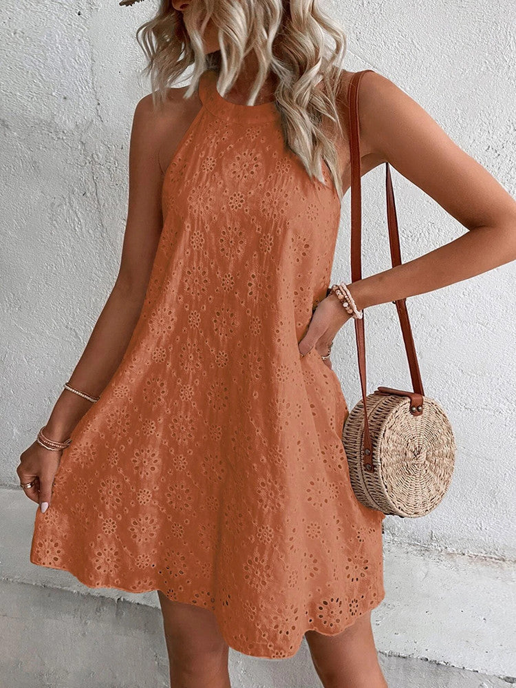 Halter hals jurk - Eyelet - Chic - Mini jurk - Zomer jurk-Boetiek Moda