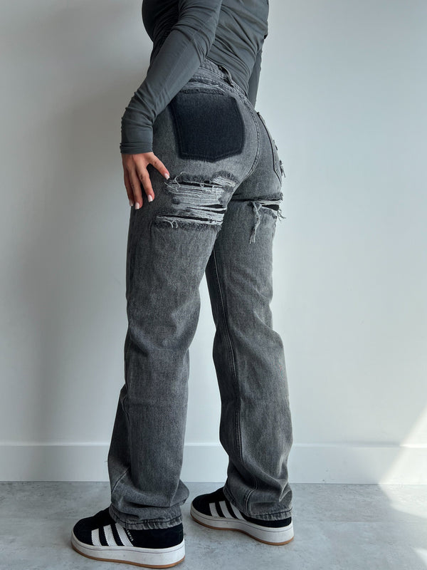 Hoge Taille Jeans | Ripped | Grijs | Jeans met Rechte Pijpen | Damesjeans-Boetiek Moda