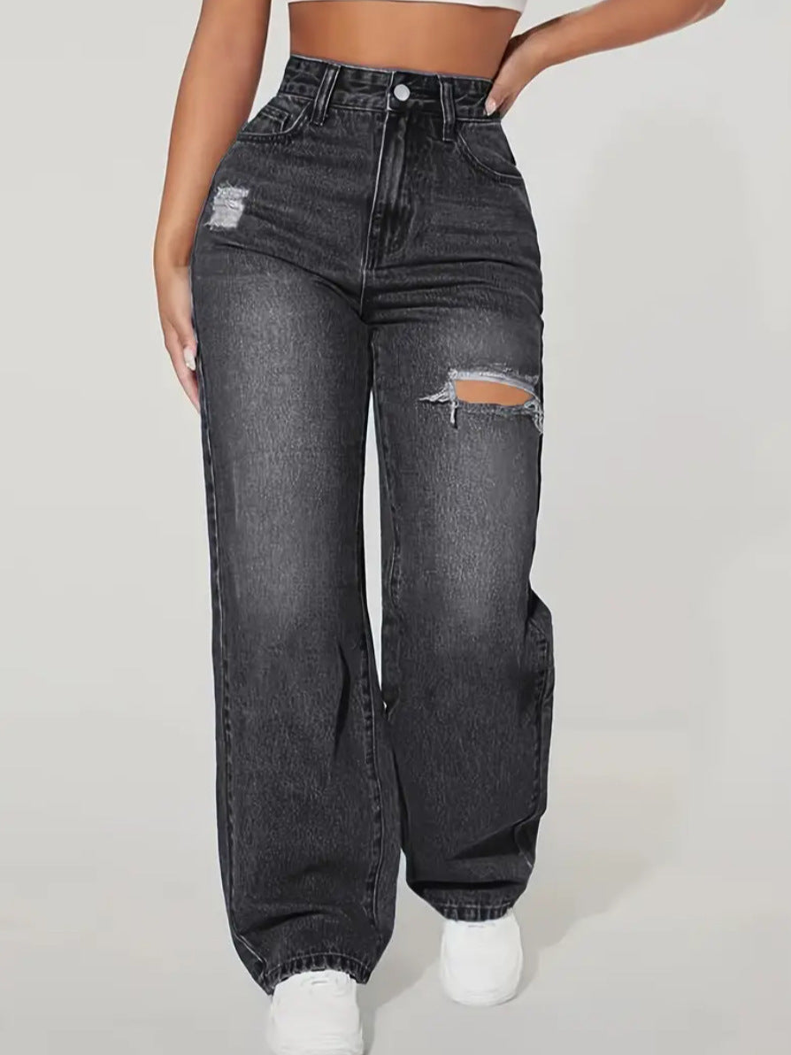 Jeans met wijde pijpen - Damesjeans met hoge taille en gescheurde jeans-Boetiek Moda