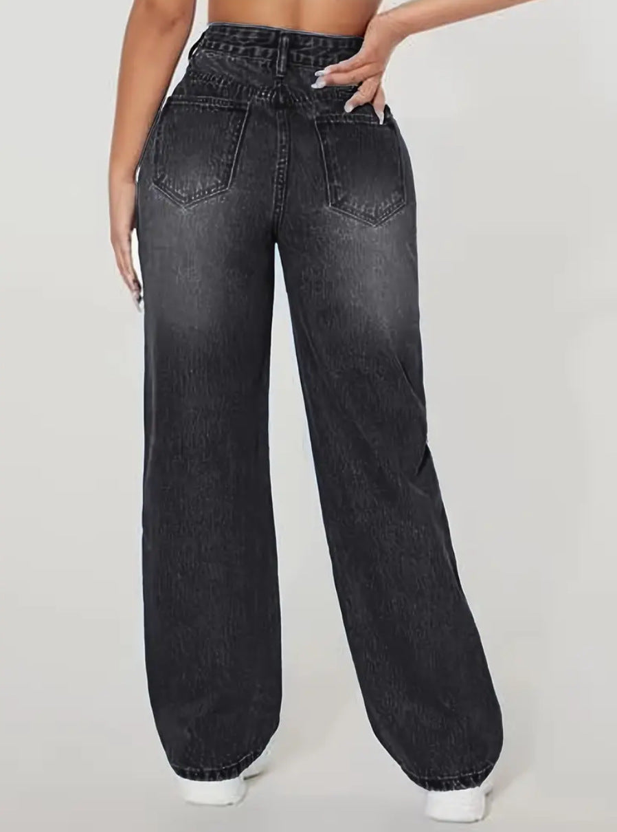 Jeans met wijde pijpen - Damesjeans met hoge taille en gescheurde jeans-Boetiek Moda