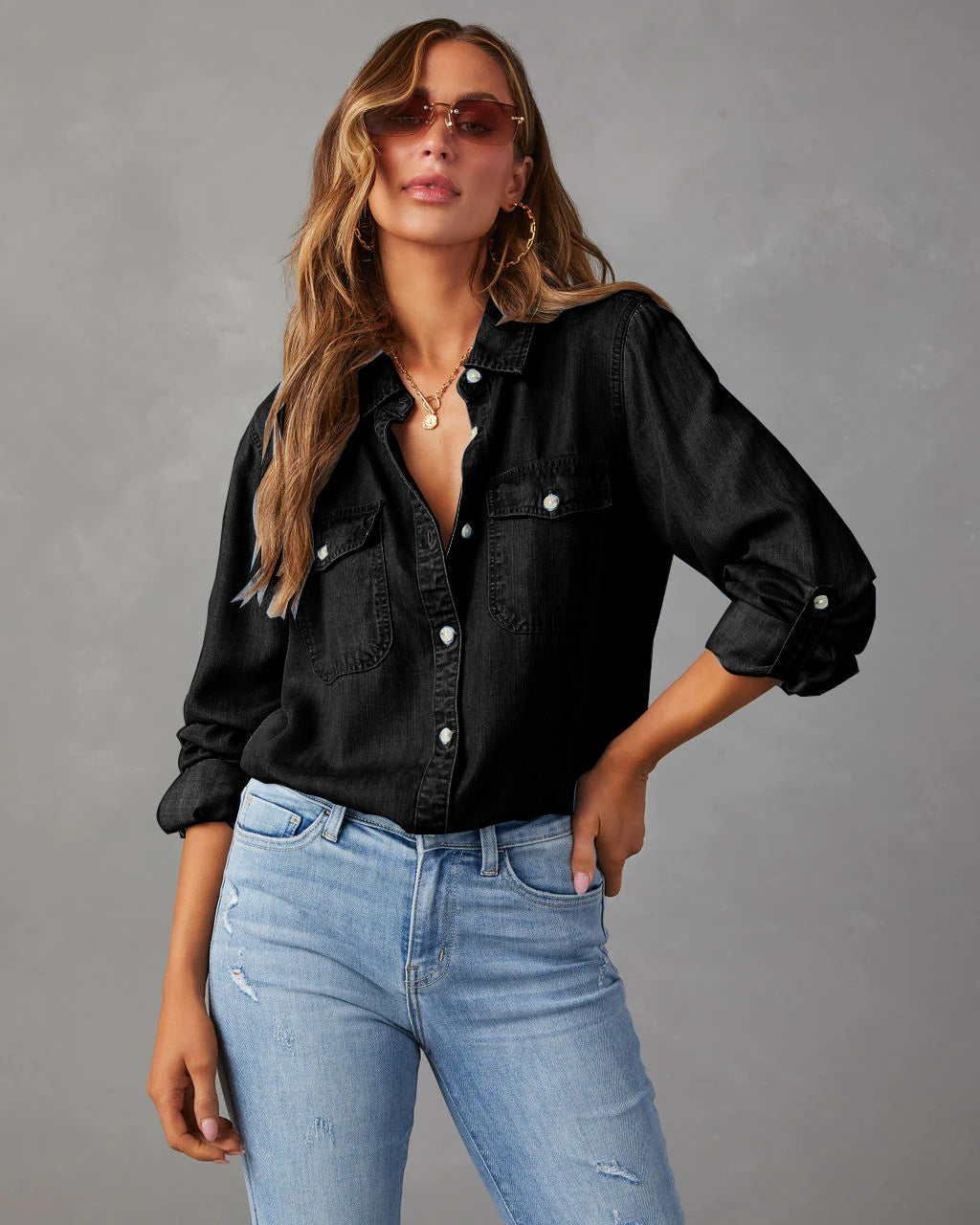 Jeanshemd – Casual shirt met lange mouwen en knopen voor dames-Boetiek Moda