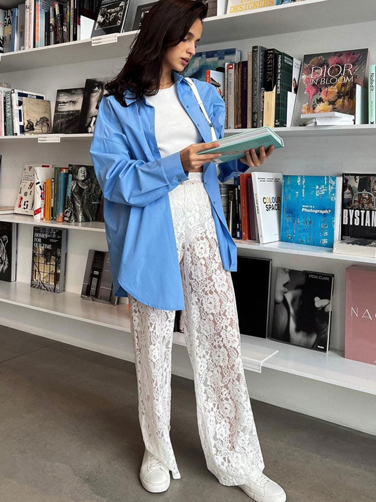 Kanten broek - Hoge taille - Wijde pijpen - Doorkijkbroek met kant - Damesbroek-Boetiek Moda