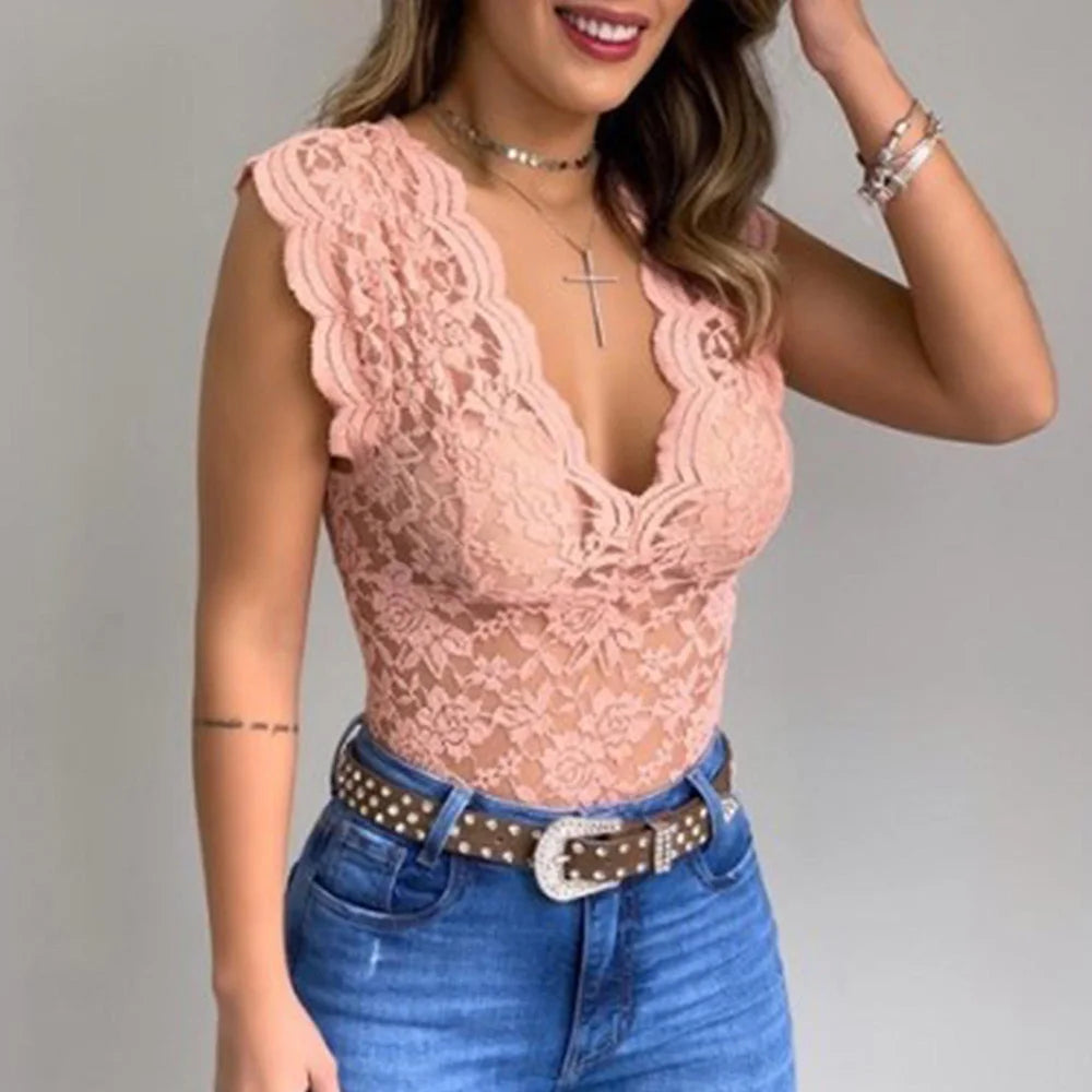 Kanten top - Damesmouwloze doorkijk top met V-hals-Boetiek Moda