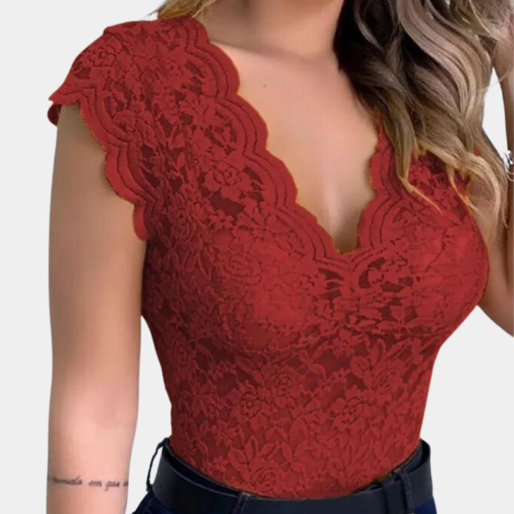Kanten top | Slim fit | V-hals | Mouwloze kanten top | Dameskleding-Boetiek Moda