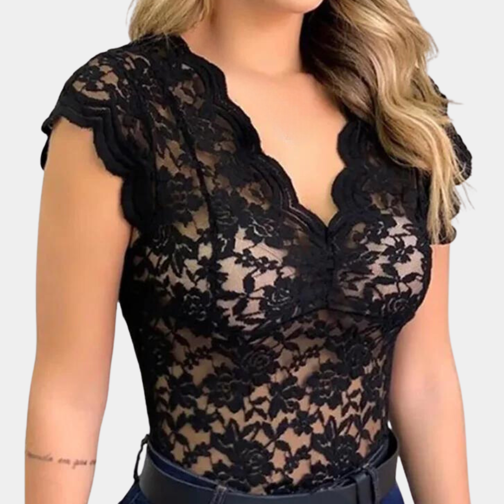 Kanten top | Slim fit | V-hals | Mouwloze kanten top | Dameskleding-Boetiek Moda