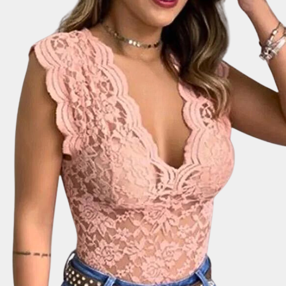 Kanten top | Slim fit | V-hals | Mouwloze kanten top | Dameskleding-Boetiek Moda