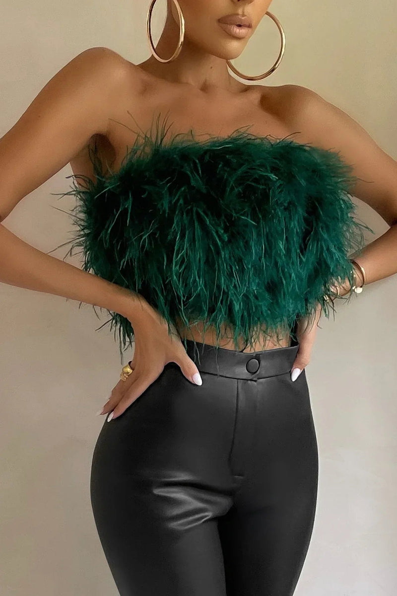 Katrine Feather Top | Stijlvolle veren crop top is een toptrend dit jaar-Boetiek Moda