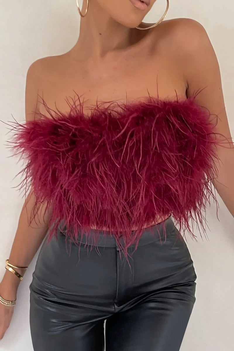 Katrine Feather Top | Stijlvolle veren crop top is een toptrend dit jaar-Boetiek Moda