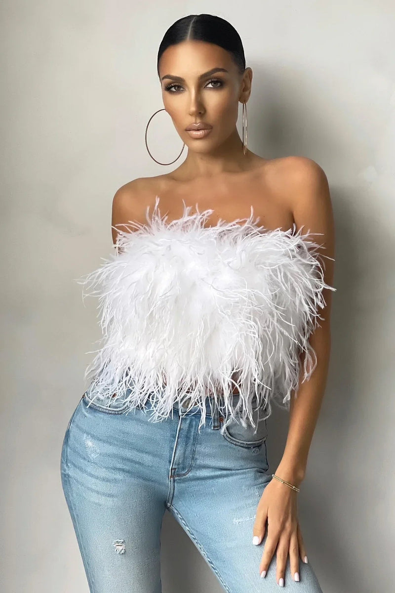 Katrine Feather Top | Stijlvolle veren crop top is een toptrend dit jaar-Boetiek Moda