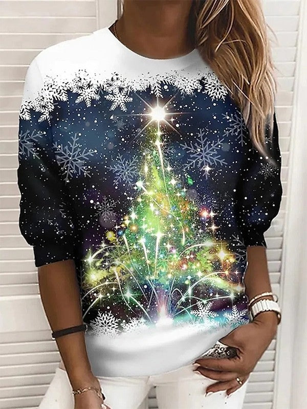 Kerst Sweatshirt - Dames Pullover Lange Mouw Sneeuwvlok Kerstboom-Boetiek Moda