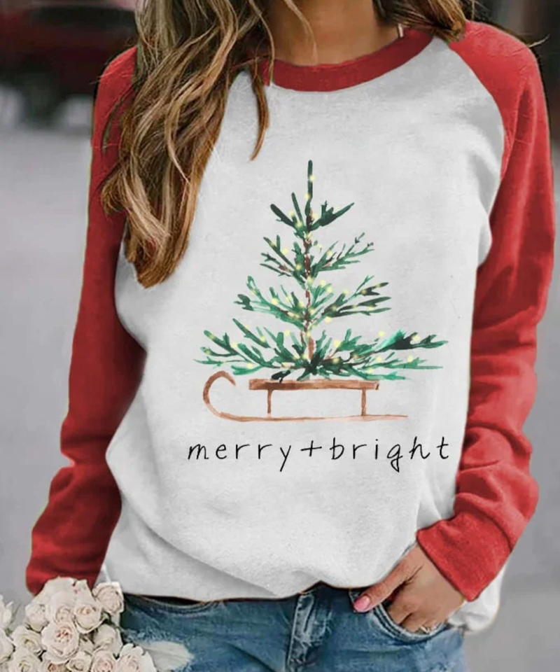 Kerst Sweatshirt - Dames Pullover met lange mouwen en ronde hals kerstboom-Boetiek Moda