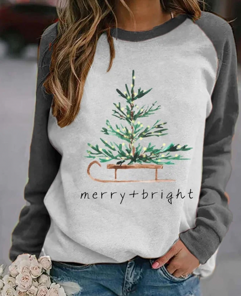 Kerst Sweatshirt - Dames Pullover met lange mouwen en ronde hals kerstboom-Boetiek Moda