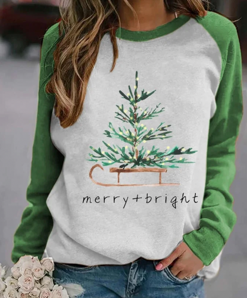Kerst Sweatshirt - Dames Pullover met lange mouwen en ronde hals kerstboom-Boetiek Moda