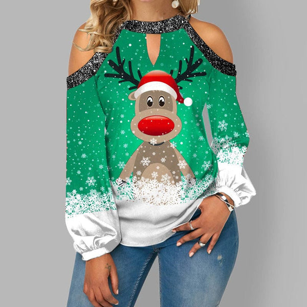 Kerst Top - Dames Lange Mouw Off-Shoulder Rudolf Blous-Boetiek Moda