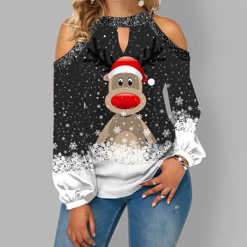 Kerst Top - Dames Lange Mouw Off-Shoulder Rudolf Blous-Boetiek Moda